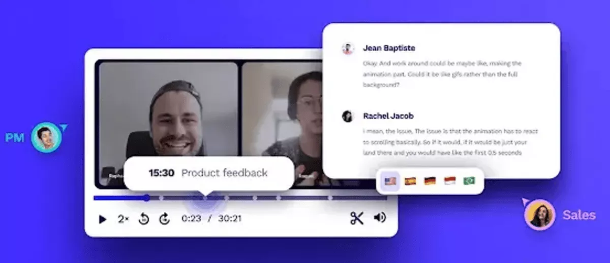 Project management software screenshot showing video call, chat, and ai notetakers for product feedback.