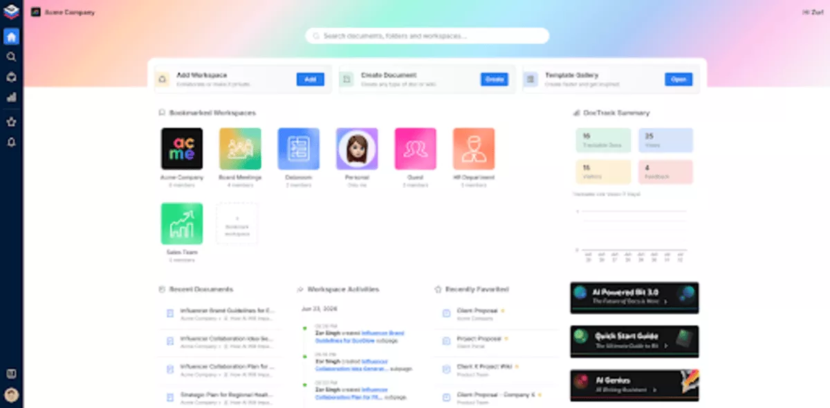 Dashboard interface displaying workspace options and AI alternatives for document management and collaboration tools.
