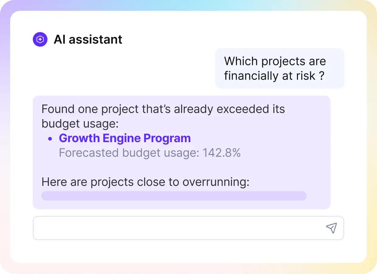 AI assistant highlights Project Financial Management risks with a project exceeding budget at 142.8%, nearing overrun.