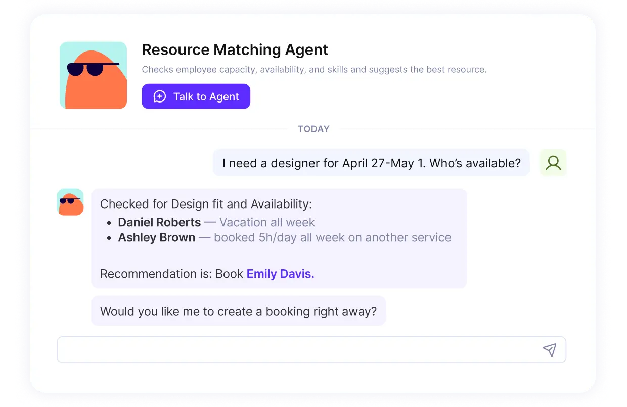 Project resource management software suggests booking Emily Davis for design availability from April 27 to May 1.