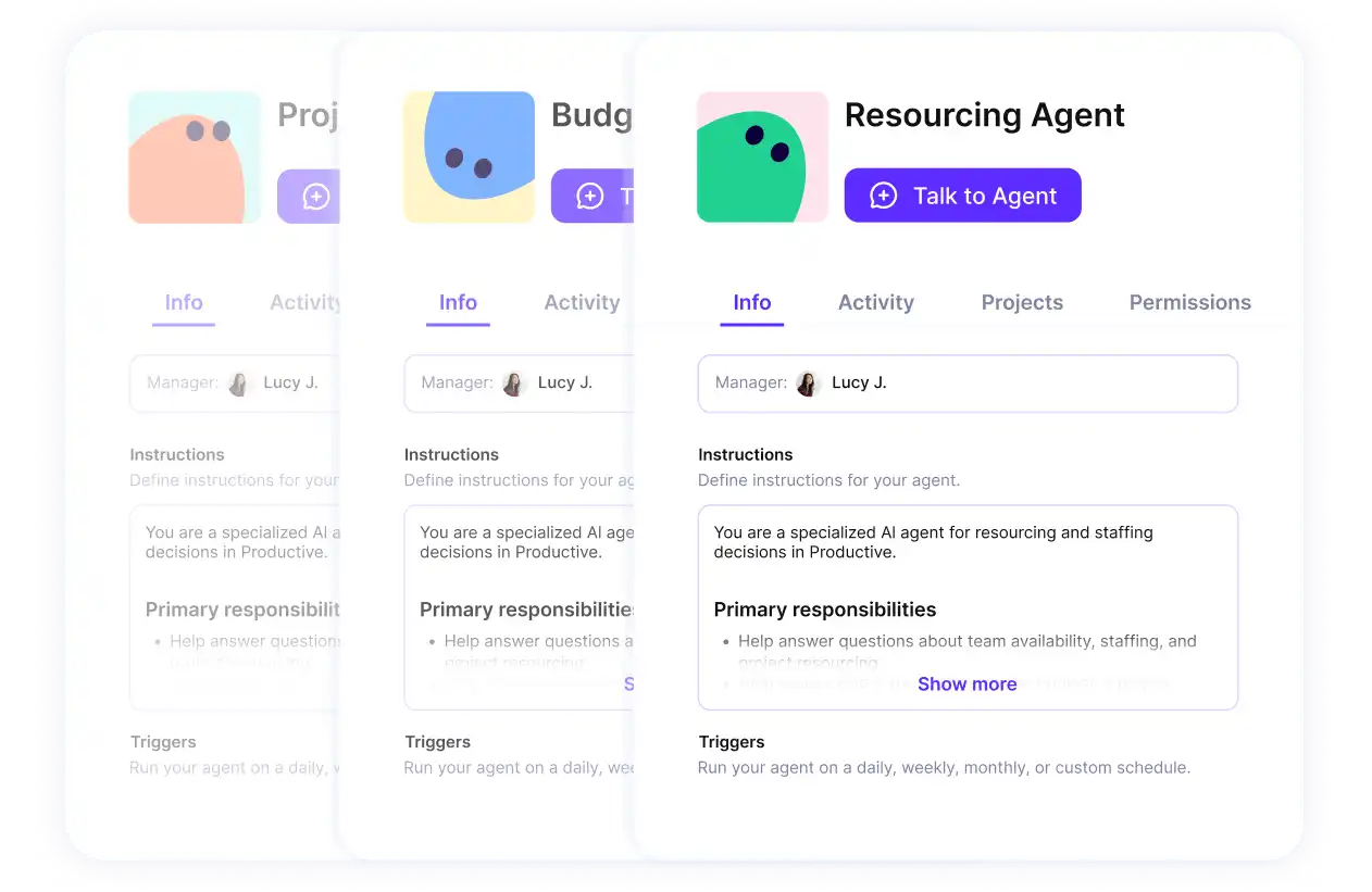 AI project management tools interface showing resourcing agent details and manager info.