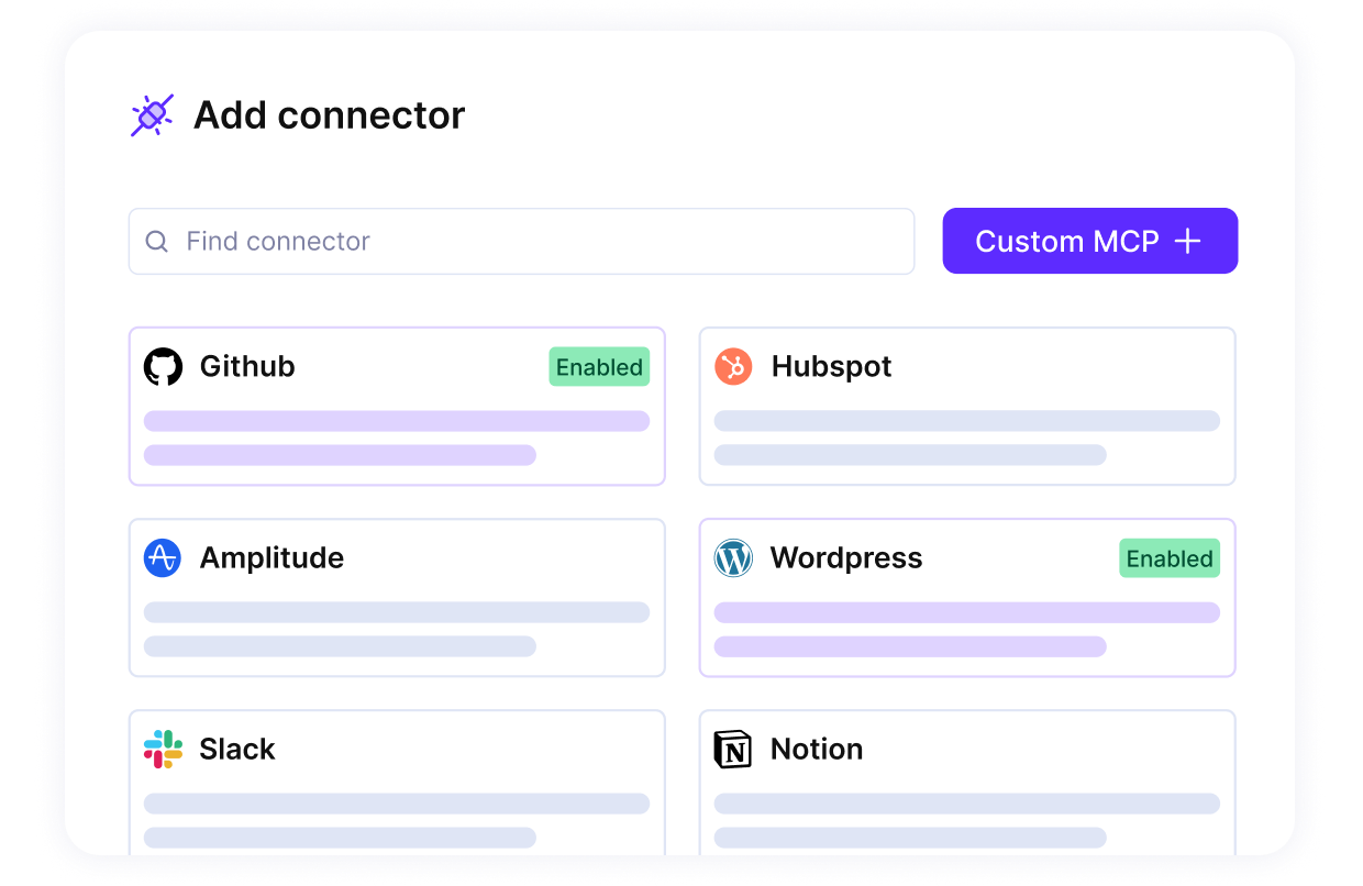 AI project management tools interface showing connector options like GitHub and WordPress, with some enabled.