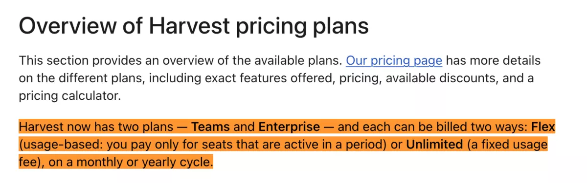Overview of Harvest pricing plans, highlighting a price increase for Teams and Enterprise options, billed flexibly or unlimited.