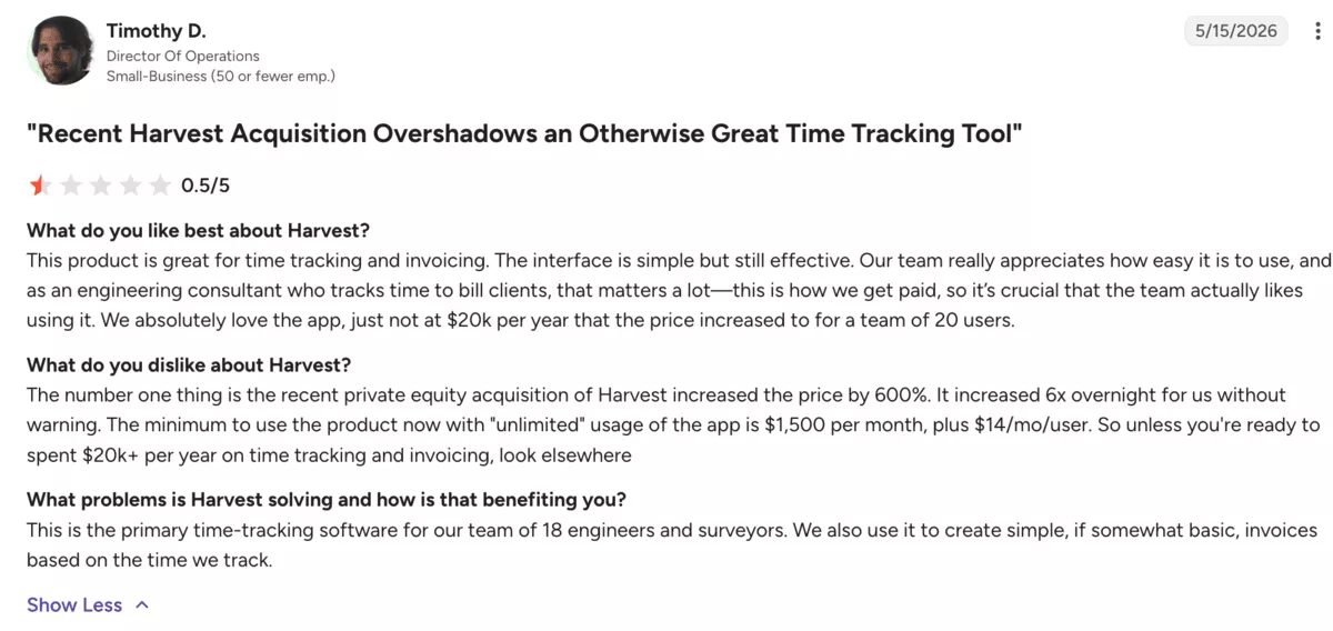 Review criticizes Harvest's price increase post-acquisition, impacting its value despite being a useful time-tracking tool.