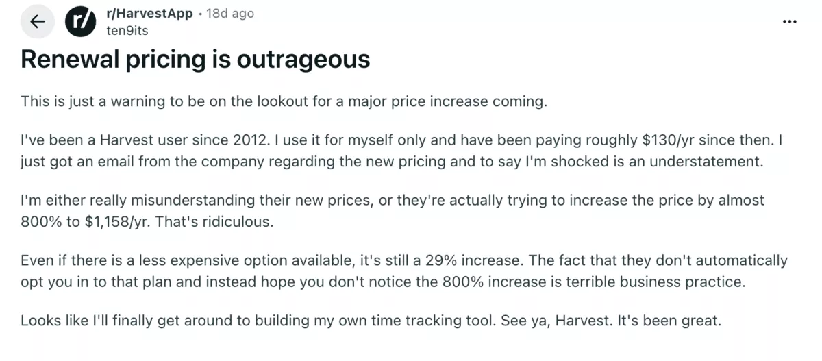 User shocked by Harvest price increase; renewal costs rise dramatically, prompting frustration over unexpected harvest pricing.