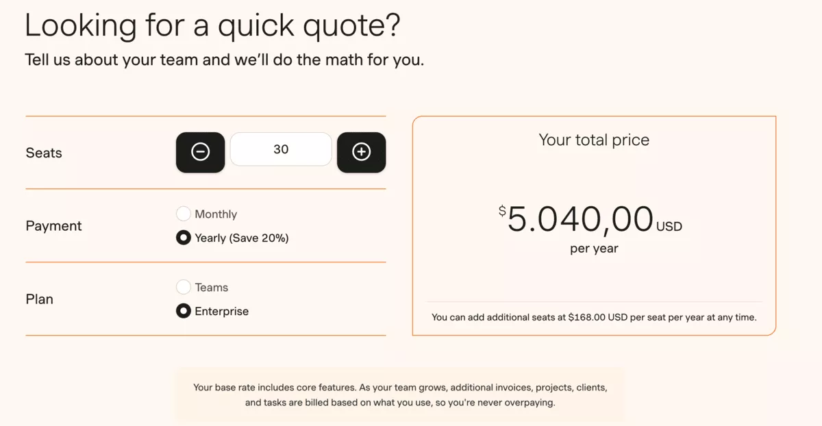 Pricing quote for 30 seats shows a $5,040 yearly cost, reflecting a harvest price increase for enterprise plans.