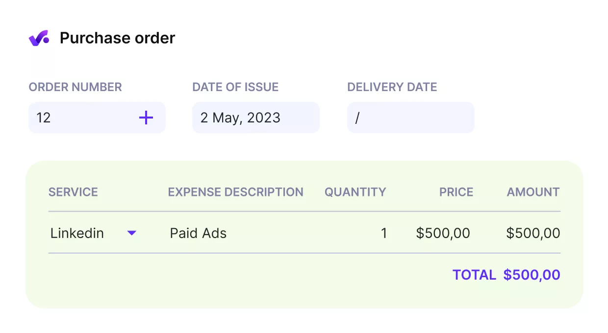 Screenshot of project budget management tools showing a purchase order for LinkedIn ads totaling $500, issued May 2, 2023.