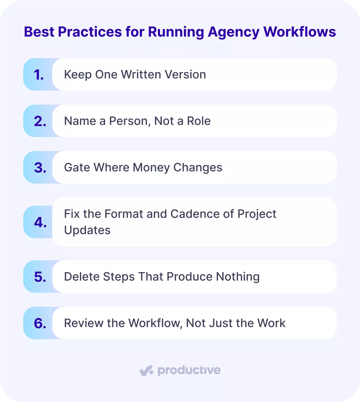 Best practices for agency workflow: keep one version, name people, gate money, fix updates, delete steps, review workflow.