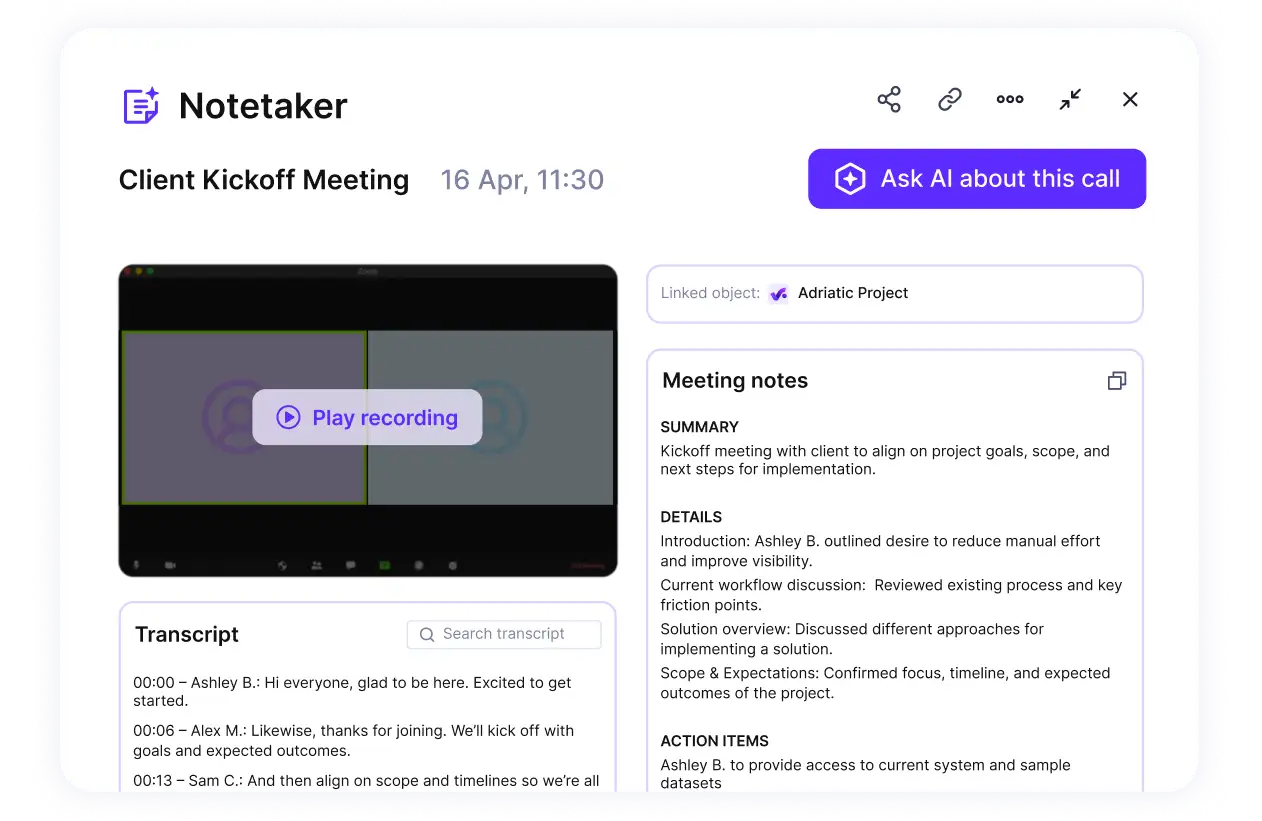 Screenshot of a notetaking app showing agency workflow with meeting notes, transcript, and a play recording button.