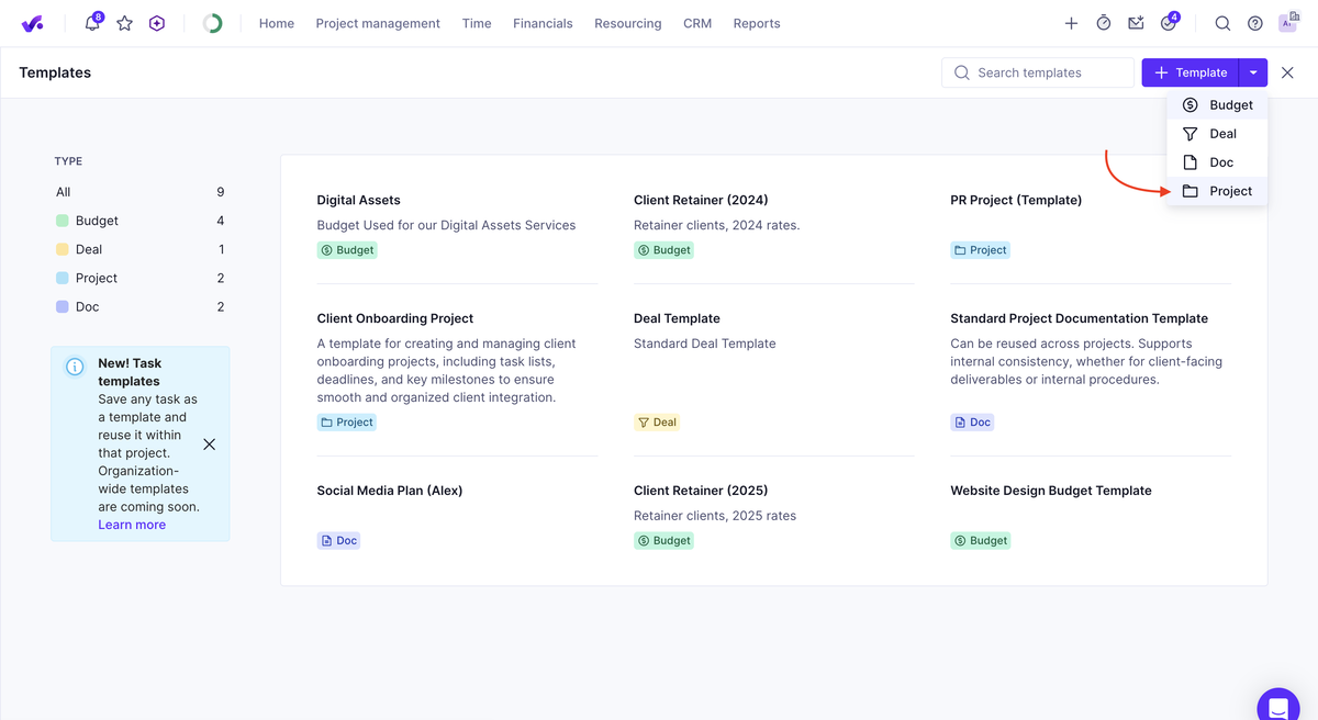 Project management software screenshot showing templates for projects and other tasks.