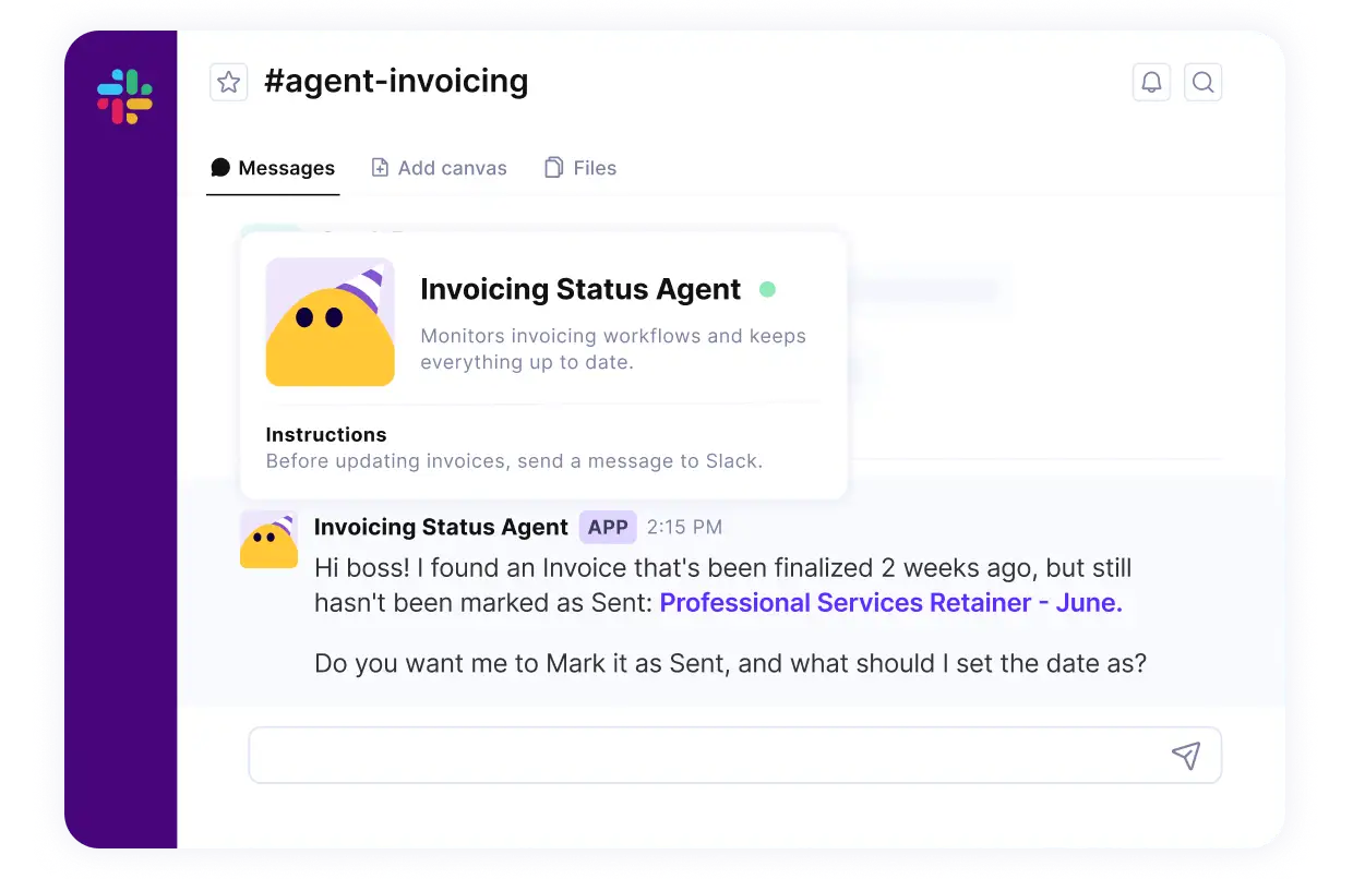 A software screenshot shows an invoicing agent managing workflows, vital for agency project management and updates.