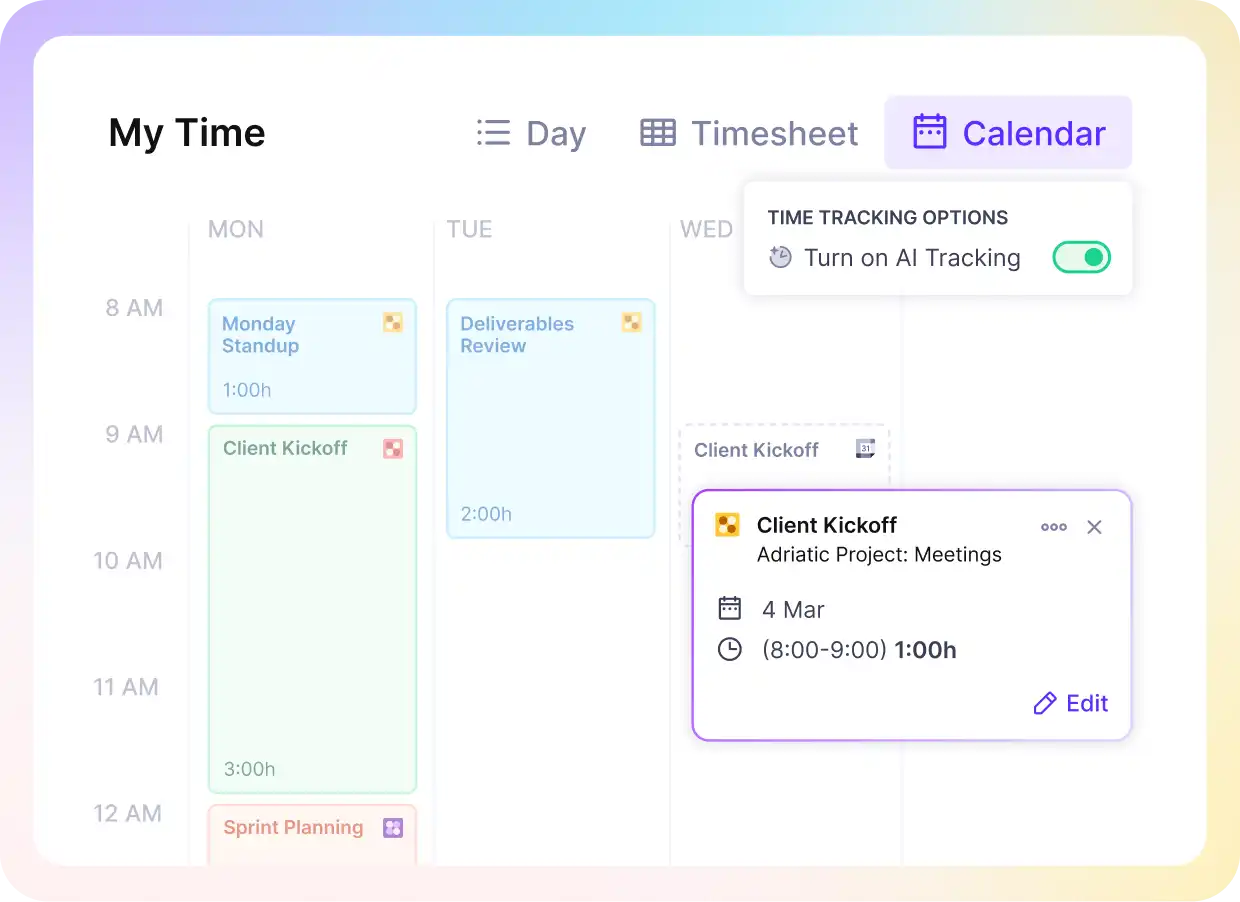 Calendar view of agency project management software shows scheduled meetings and time tracking options.