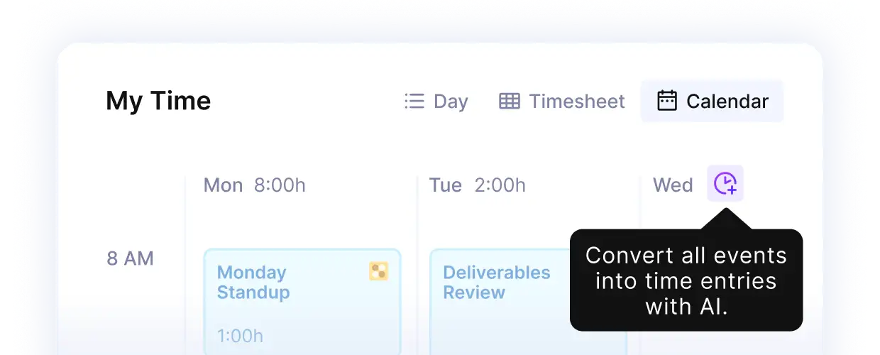 Calendar interface for agency project management software, showing events and AI feature to convert them into time entries.