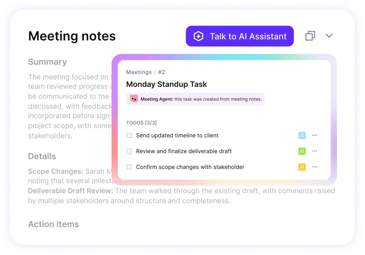 Agency project management software screenshot showing meeting notes, tasks, and AI assistant integration for streamlined workflow.