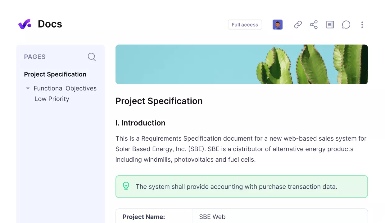 Project management software screenshot showing agency project specification document with introduction and objectives.