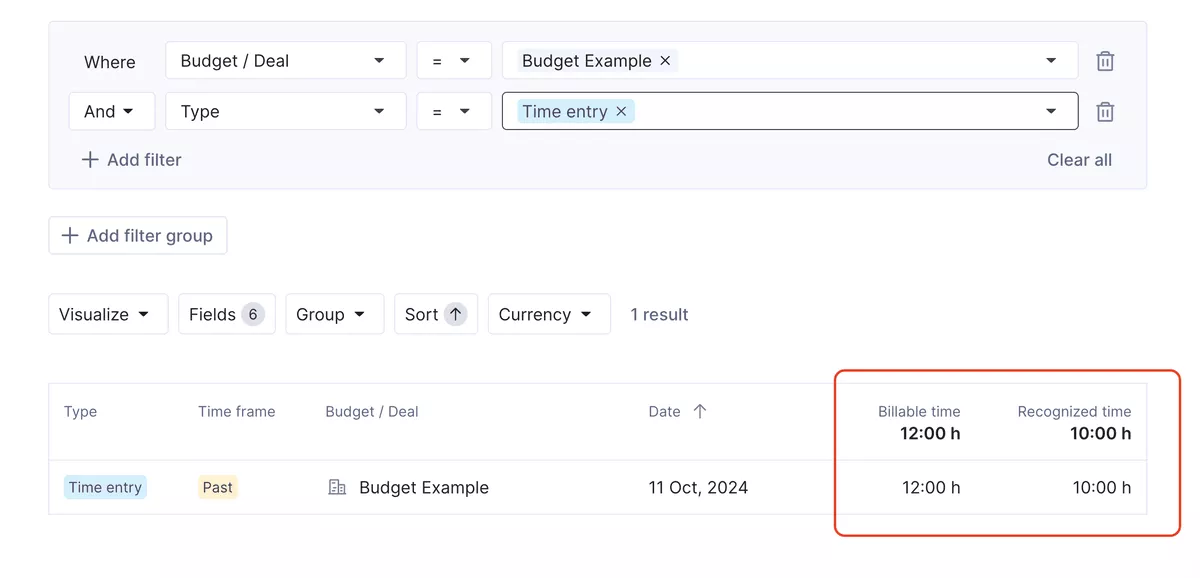Project management software screenshot showing billable vs recognized time entries for a budget example on Oct 11, 2024.
