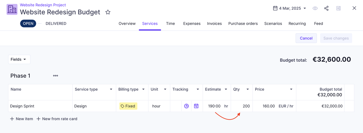 Budget services tab in Productive showing a design sprint estimated at 190 hours against a booked quantity of 200 hours.