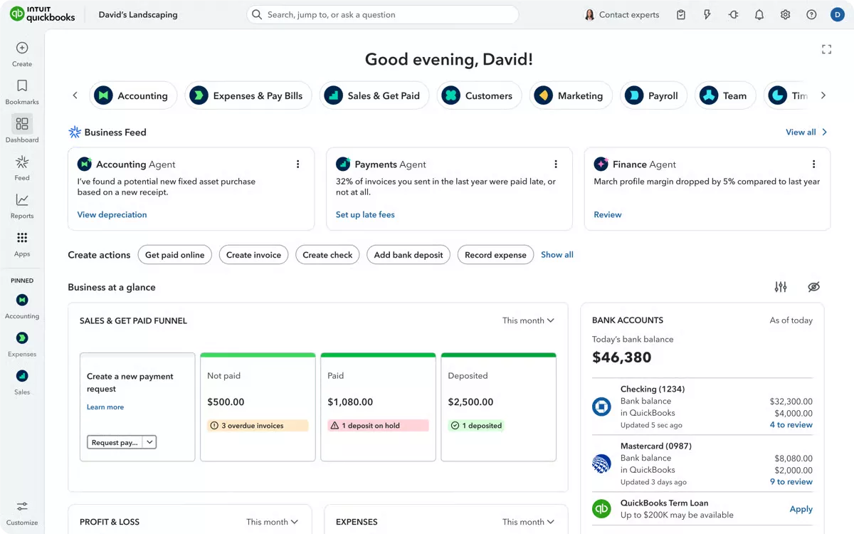 QuickBooks home dashboard with AI-generated business insights, quick action buttons, a sales funnel, and bank account balances.