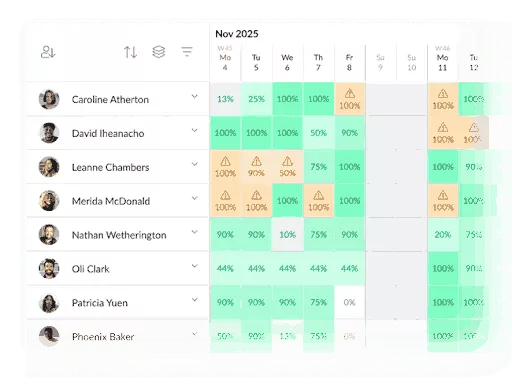 Resource management software screenshot showing team workload percentages in a calendar view for November 2025.