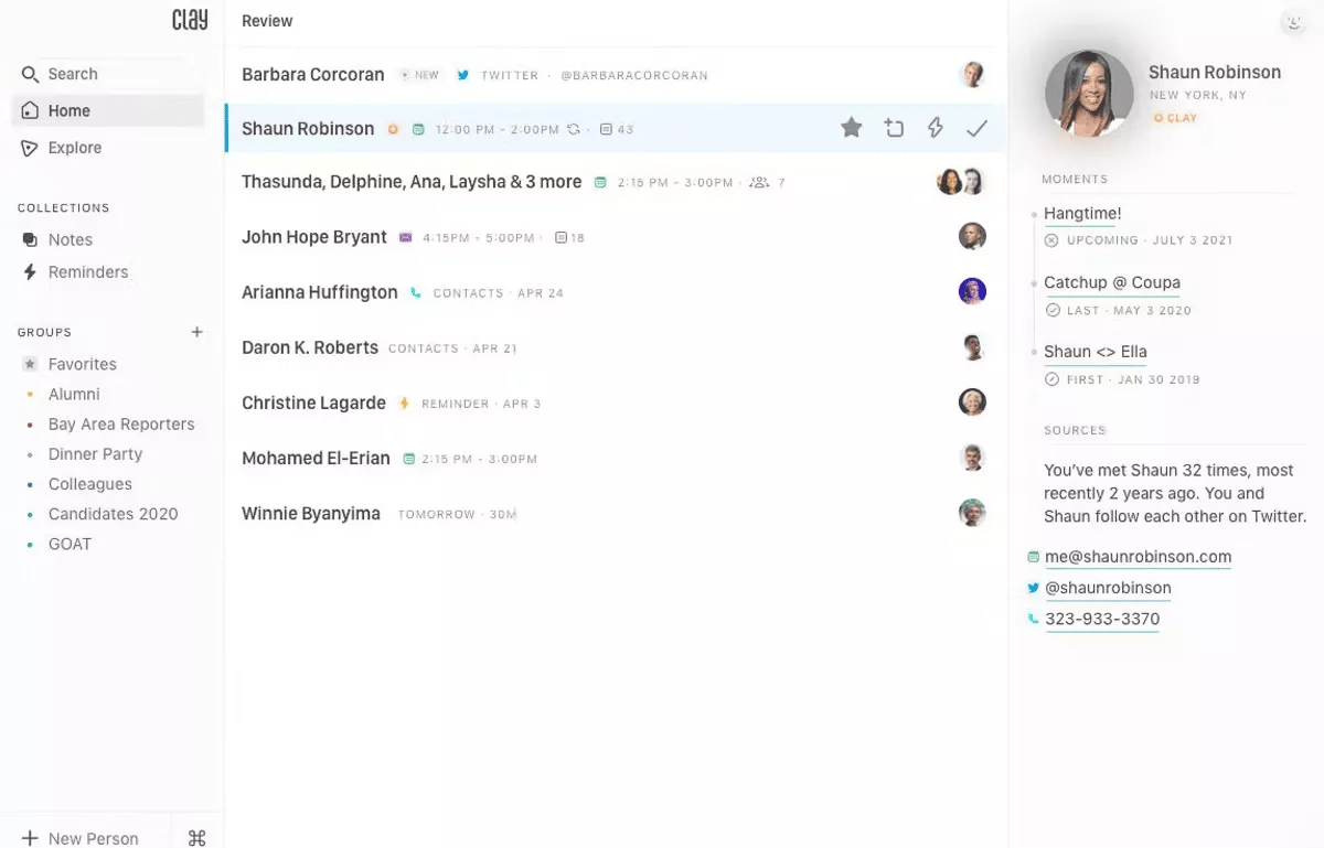 Clay review app interface showing a contact list with profile photo, notes, and social details in a professional sidebar comparint best revenue software operations software.