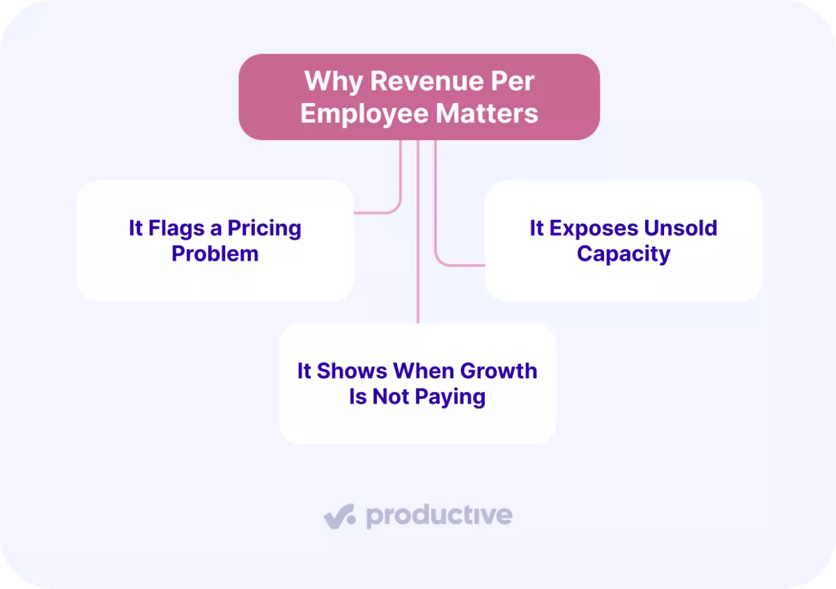 Flowchart in project management software highlights why revenue per employee matters: pricing, capacity, growth issues.