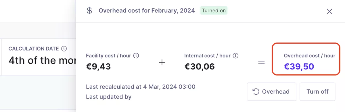Project management software screenshot showing overhead cost per hour, recalculated March 4.