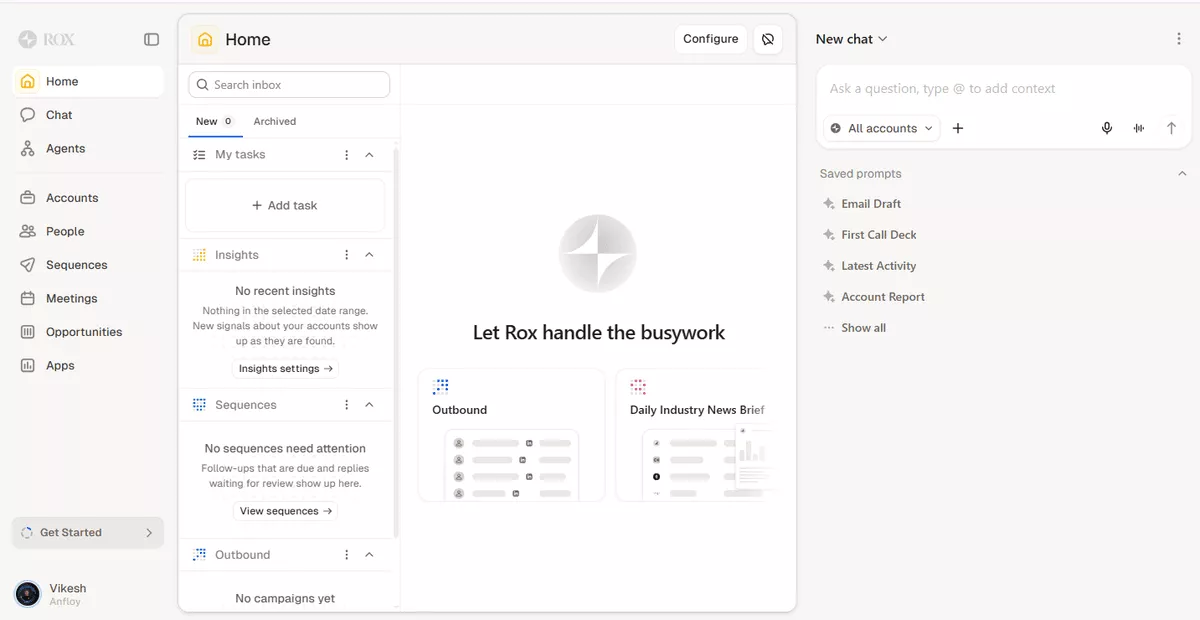Dashboard interface of revenue operations software showing tasks, insights, and sequences for efficient workflow management.