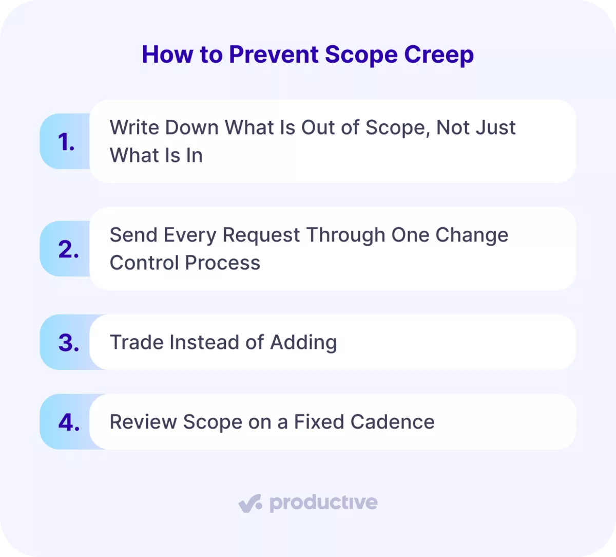 Tips on preventing scope creep in project management: define scope, control changes, trade tasks, and review regularly.