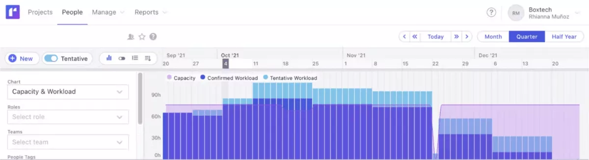 A screenshot of capacity planning software showing workload charts and timelines for efficient resource allocation.