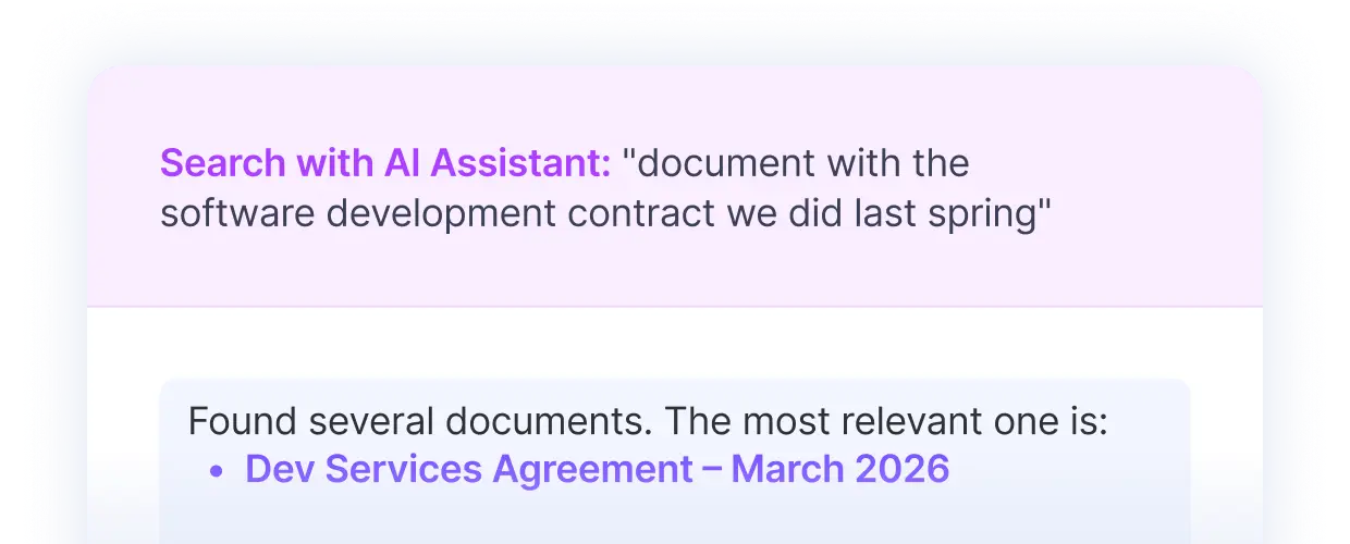 AI project management tools screen shows search results for a software contract, highlighting a relevant document from March 2026.