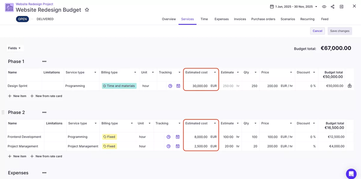 Project management software screenshot showing cost estimation for phases, highlighting estimated costs and budget totals.