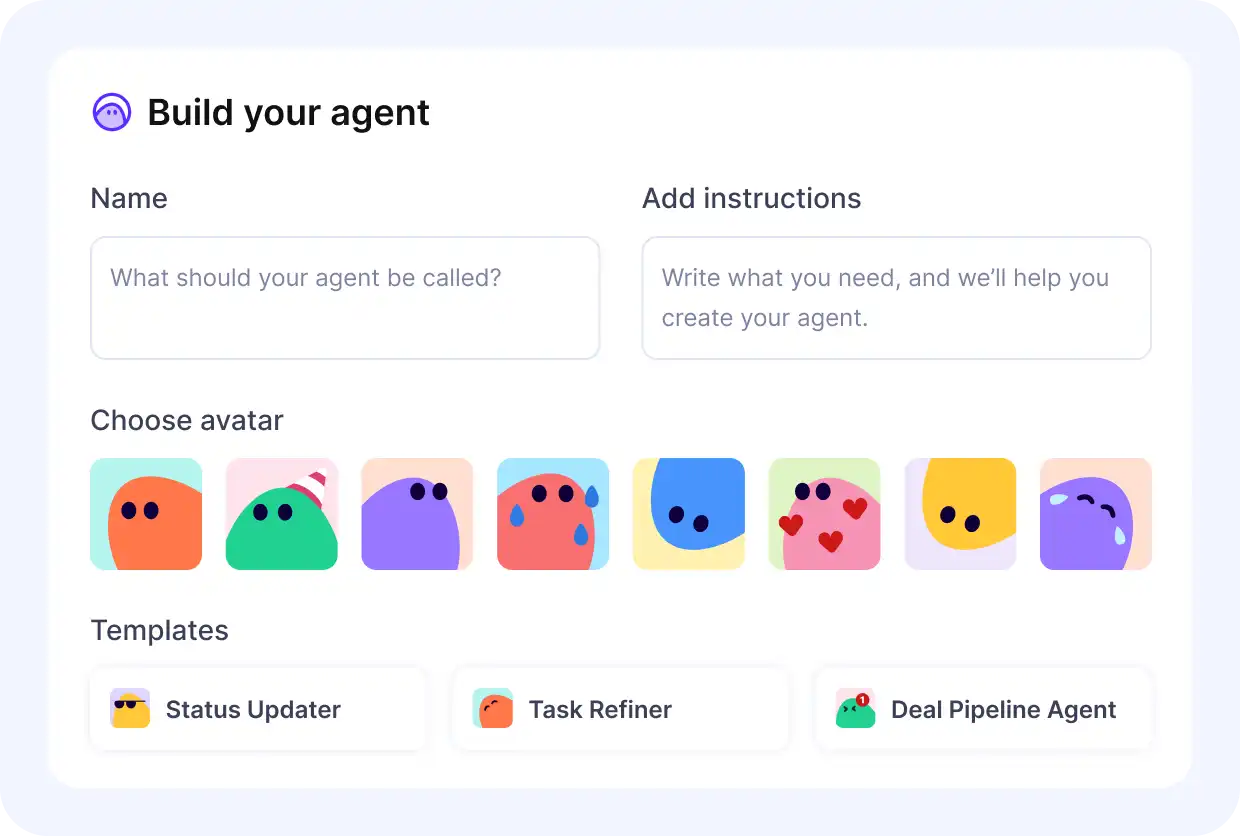 Agent creation screen in PSA software with avatar options and templates like Status Updater and Task Refiner for customization.