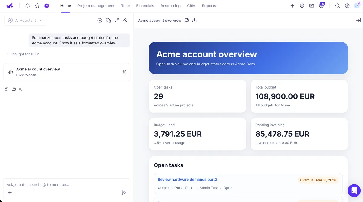 Acme account overview shows project coordination with open tasks, budget usage, and pending invoicing details.