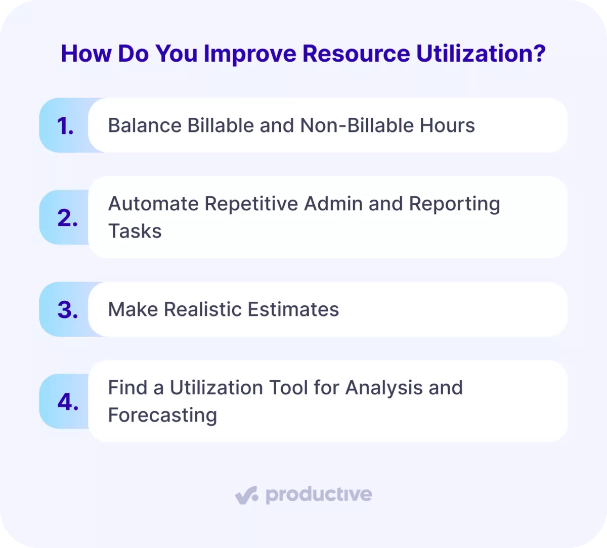 A screenshot of a project management software infographic titled "How Do You Improve Resource Utilization?" listing four steps: balance billable and non-billable hours, automate repetitive admin and reporting tasks, make realistic estimates, and find a utilization tool for analysis and forecasting.