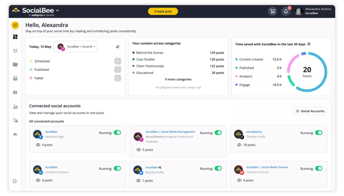 Dashboard screenshot of SocialBee software for consultants, showing post scheduling, analytics, and connected social accounts.