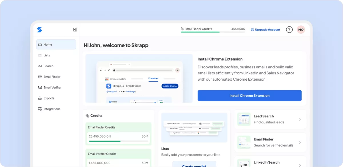 Dashboard screenshot showcasing software for consultants, featuring email finder, verifier, and lead search tools.