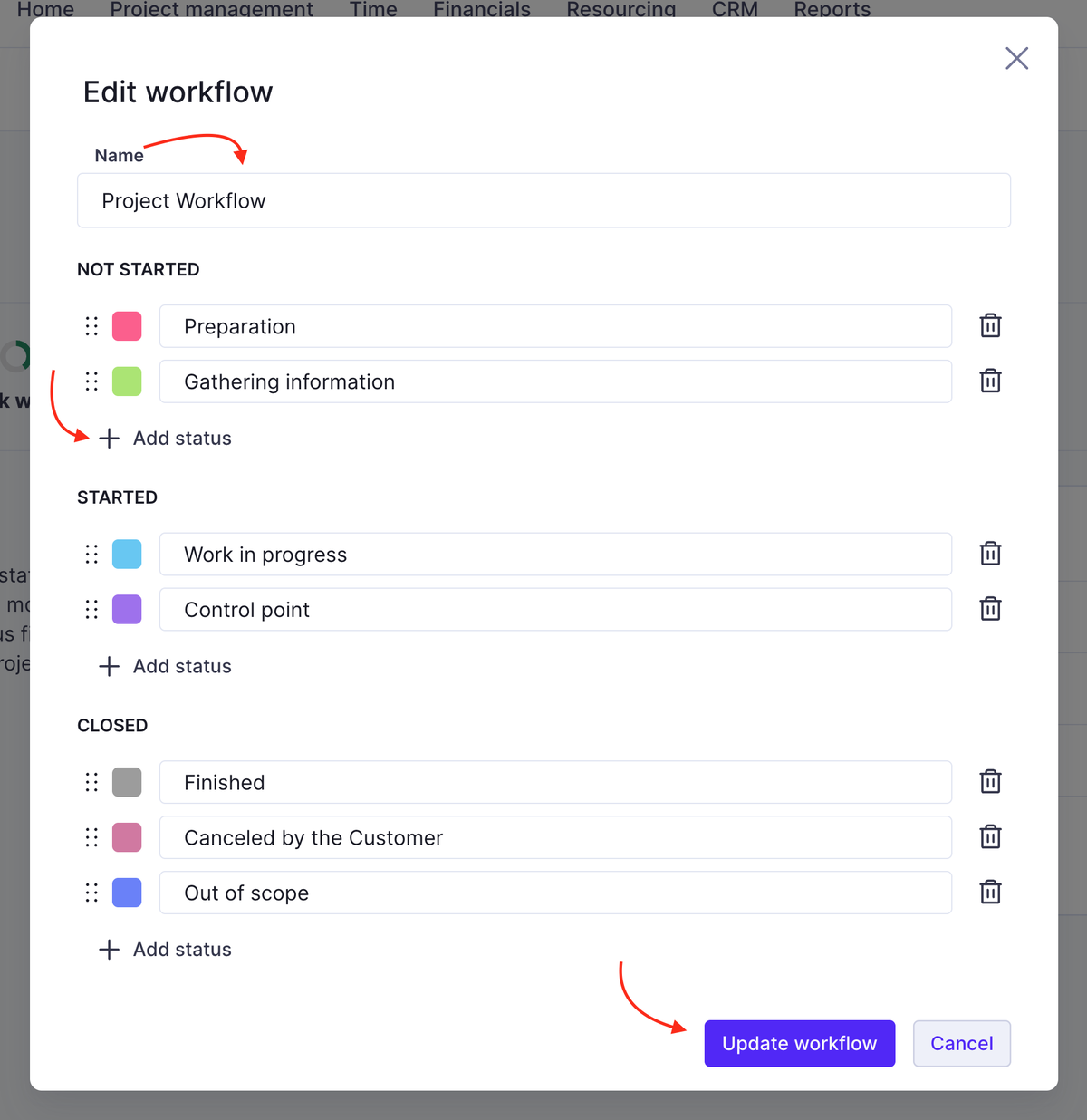 Workflow editor in Productive showing a Project Workflow with status options grouped into three categories: Not Started, Started, and Closed, each with color-coded status items and options to add or delete statuses.