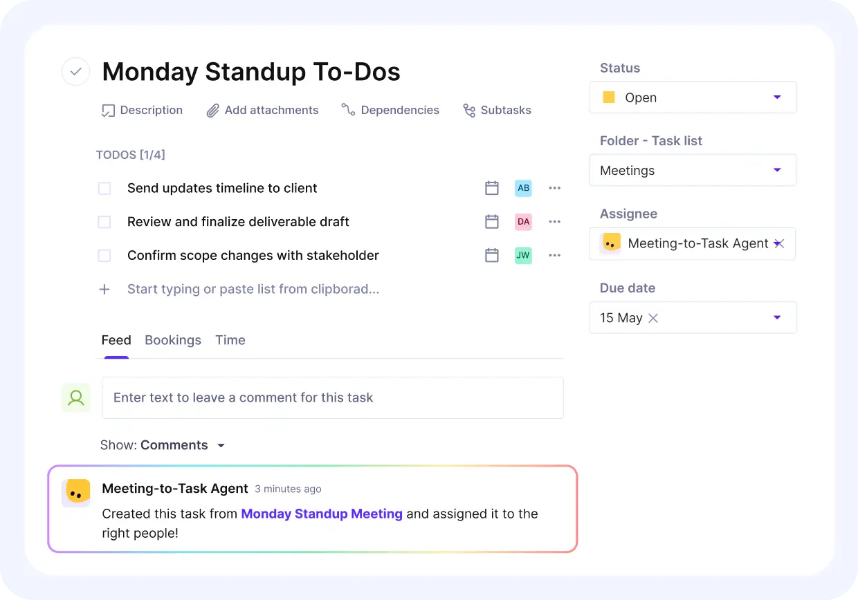 Screenshot displays AI recommending Monday to-do list with tasks, assignees, and deadlines based on a recorded meeting.