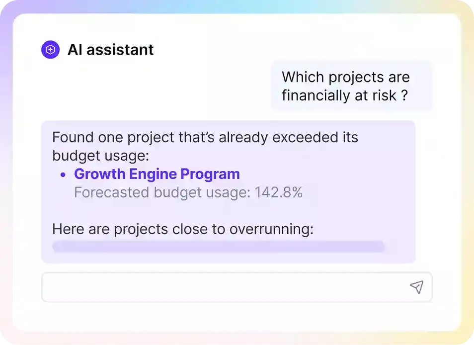 AI assistant in Productive report showing project financial risk analysis, identifying the Growth Engine Program at 142.8% budget usage and listing other at-risk projects.