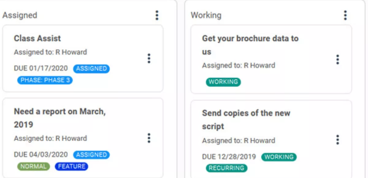 A screenshot of a task board with assigned and working tickets, due dates and status tags, shown as one of the Accelo alternatives.