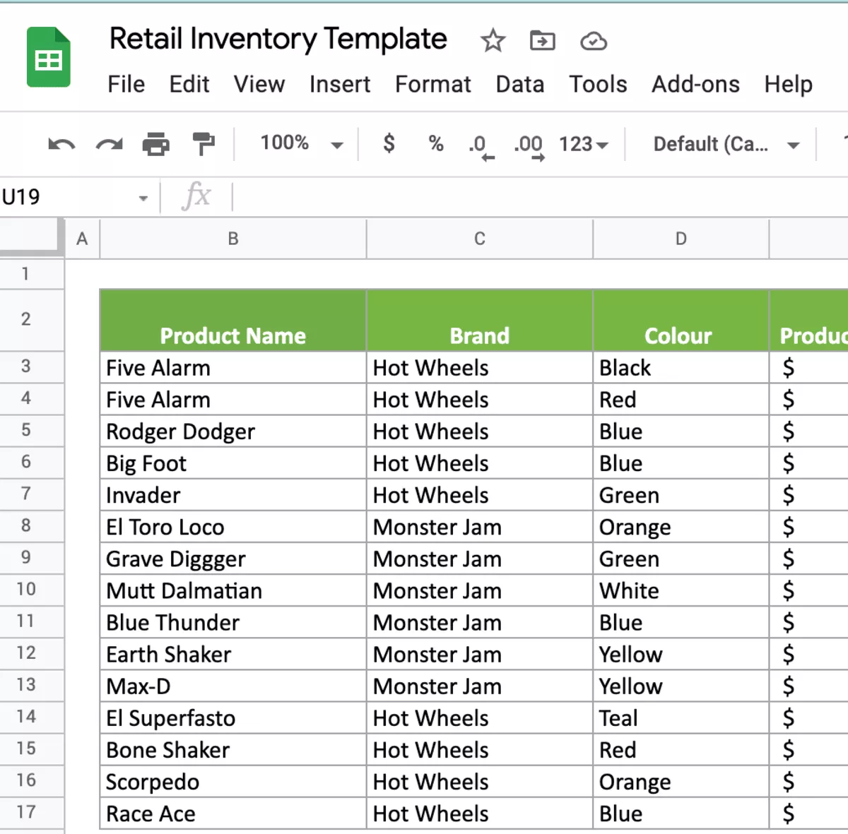 A screenshot of a retail inventory spreadsheet listing products by brand and colour, a basic alternative to business budgeting software.