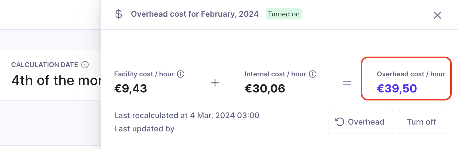 A screenshot of a project management software panel adding facility and internal cost per hour, showing how to calculate overhead.