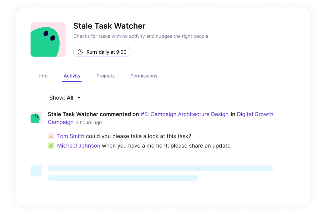 A screenshot of a project management software AI agent that finds tasks with no activity and nudges the assigned people to share an update.