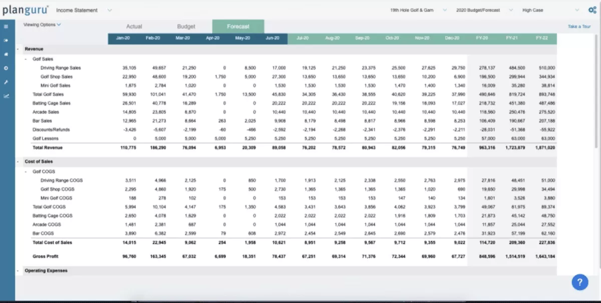 A screenshot of a PlanGuru income statement forecast with monthly revenue and cost of sales in business budgeting software.